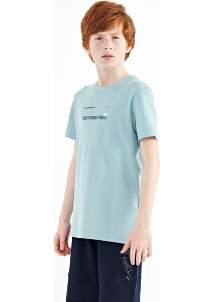 Açık Mavi Baskı Detaylı O Yaka Standart Kalıp Erkek Çocuk T-Shirt - 11117