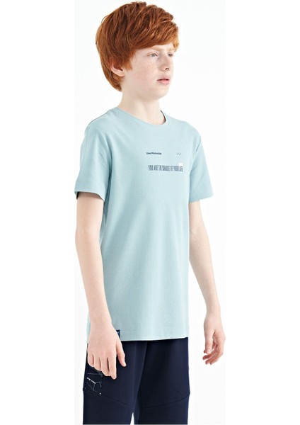 Açık Mavi Baskı Detaylı O Yaka Standart Kalıp Erkek Çocuk T-Shirt - 11117