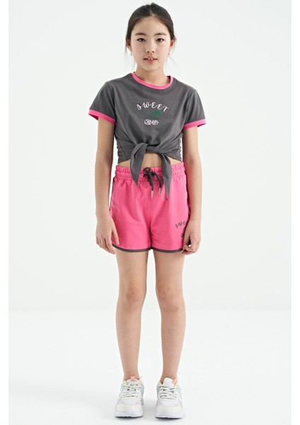 Tommy Life Koyu Gri - Ş.pembe O Yaka Baskılı Düğüm Detaylı Rahat Kalıp Kız Çocuk Şort Takım - 75132