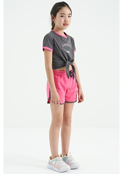 Tommy Life Koyu Gri - Ş.pembe O Yaka Baskılı Düğüm Detaylı Rahat Kalıp Kız Çocuk Şort Takım - 75132