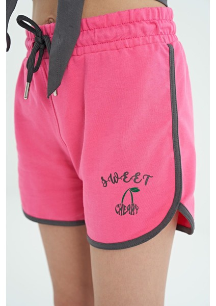 Tommy Life Koyu Gri - Ş.pembe O Yaka Baskılı Düğüm Detaylı Rahat Kalıp Kız Çocuk Şort Takım - 75132