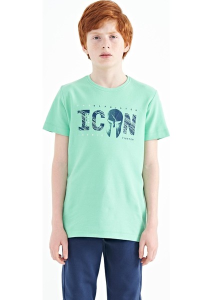 Su Yeşili Ön Yazı Nakışlı O Yaka Standart Kalıp Erkek Çocuk T-Shirt - 11118