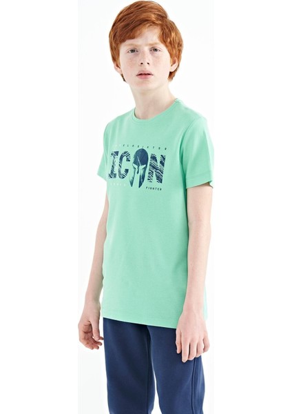 Su Yeşili Ön Yazı Nakışlı O Yaka Standart Kalıp Erkek Çocuk T-Shirt - 11118 indirimleri