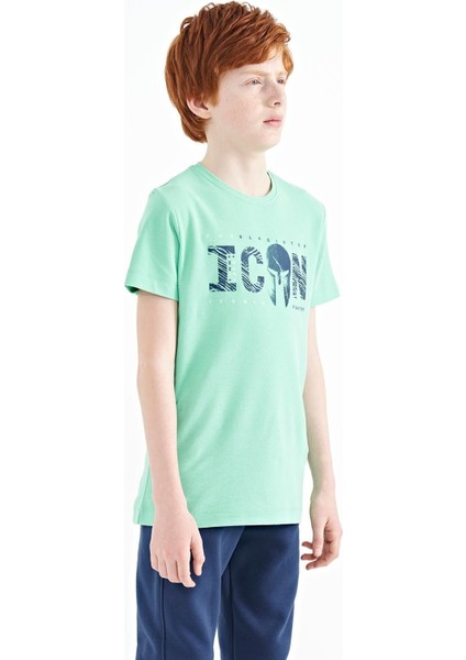 Su Yeşili Ön Yazı Nakışlı O Yaka Standart Kalıp Erkek Çocuk T-Shirt - 11118