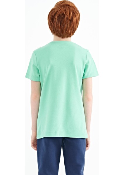 Su Yeşili Ön Yazı Nakışlı O Yaka Standart Kalıp Erkek Çocuk T-Shirt - 11118