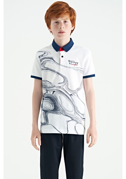 Beyaz Baskı Detaylı Standart Kalıp Polo Yaka Erkek Çocuk T-Shirt - 11165