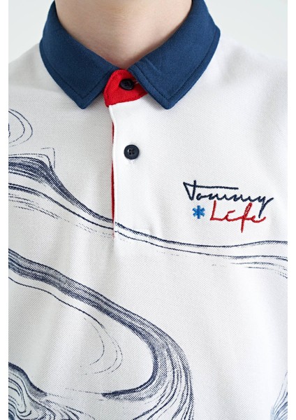 Beyaz Baskı Detaylı Standart Kalıp Polo Yaka Erkek Çocuk T-Shirt - 11165