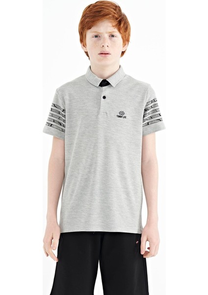 Gri Melanj Kol Baskı Detaylı Standart Kalıp Polo Yaka Erkek Çocuk T-Shirt - 11093