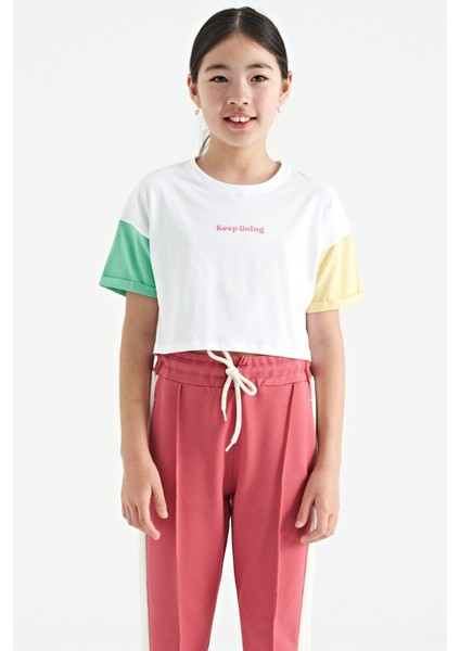 Beyaz Yazı Baskılı O Yaka Düşük Omuzlu Oversize Kız Çocuk T-Shirt - 75130