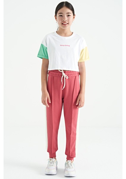 Beyaz Yazı Baskılı O Yaka Düşük Omuzlu Oversize Kız Çocuk T-Shirt - 75130