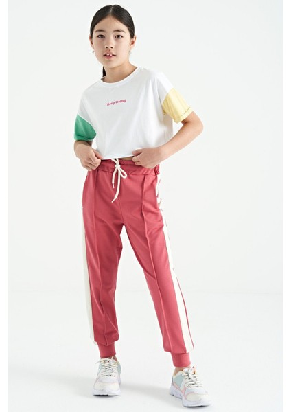 Beyaz Yazı Baskılı O Yaka Düşük Omuzlu Oversize Kız Çocuk T-Shirt - 75130