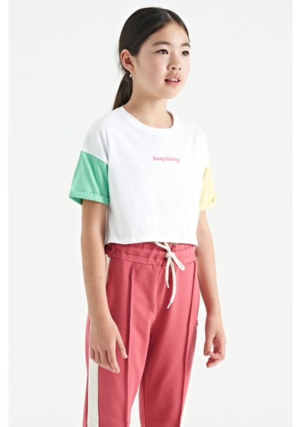 Beyaz Yazı Baskılı O Yaka Düşük Omuzlu Oversize Kız Çocuk T-Shirt - 75130