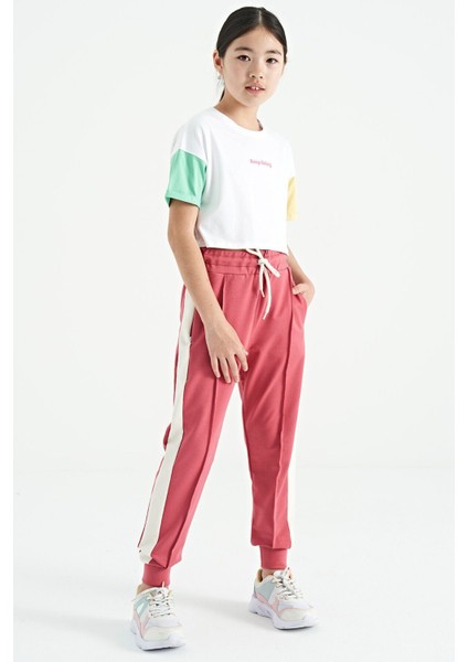 Beyaz Yazı Baskılı O Yaka Düşük Omuzlu Oversize Kız Çocuk T-Shirt - 75130