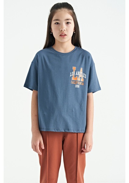 Petrol Ön Arka Baskılı O Yaka Oversize Kısa Kollu Kız Çocuk T-Shirt - 75127