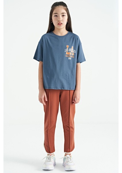 Petrol Ön Arka Baskılı O Yaka Oversize Kısa Kollu Kız Çocuk T-Shirt - 75127