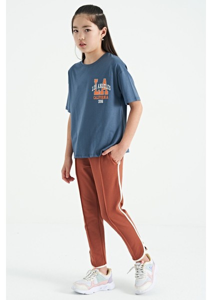 Petrol Ön Arka Baskılı O Yaka Oversize Kısa Kollu Kız Çocuk T-Shirt - 75127