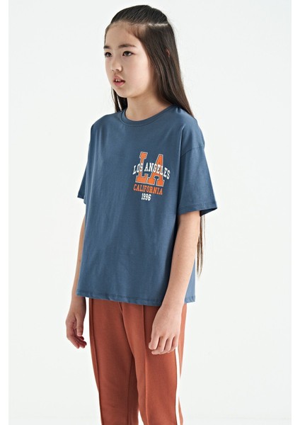 Petrol Ön Arka Baskılı O Yaka Oversize Kısa Kollu Kız Çocuk T-Shirt - 75127