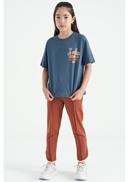 Petrol Ön Arka Baskılı O Yaka Oversize Kısa Kollu Kız Çocuk T-Shirt - 75127