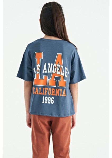 Petrol Ön Arka Baskılı O Yaka Oversize Kısa Kollu Kız Çocuk T-Shirt - 75127