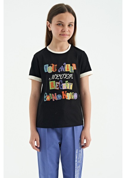 Siyah Renkli Yazı Detaylı O Yaka Rahat Form Kız Çocuk T-Shirt - 75109