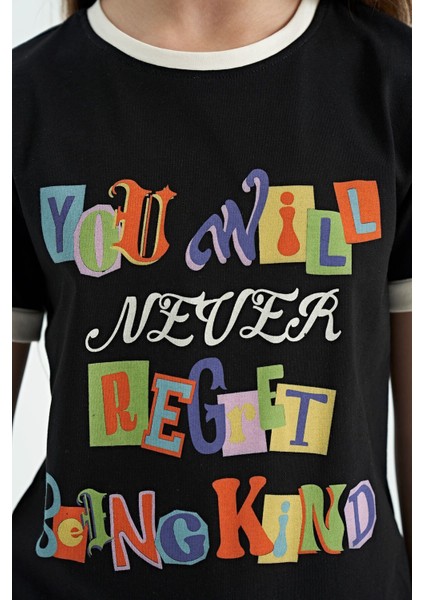 Siyah Renkli Yazı Detaylı O Yaka Rahat Form Kız Çocuk T-Shirt - 75109