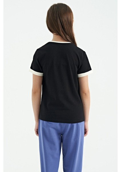 Siyah Renkli Yazı Detaylı O Yaka Rahat Form Kız Çocuk T-Shirt - 75109