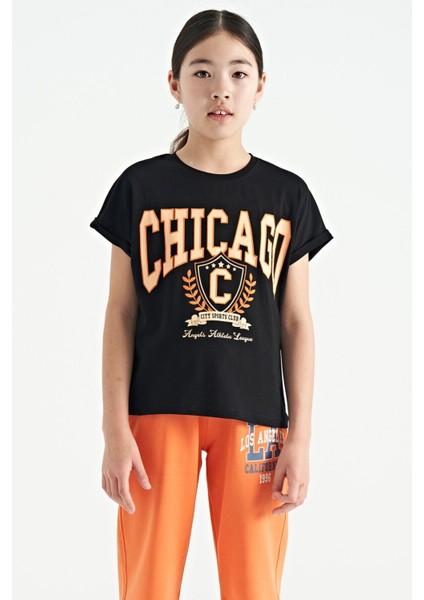 Siyah O Yaka Düşük Omuzlu Rahat Form Kısa Kollu Kız Çocuk T-Shirt - 75128