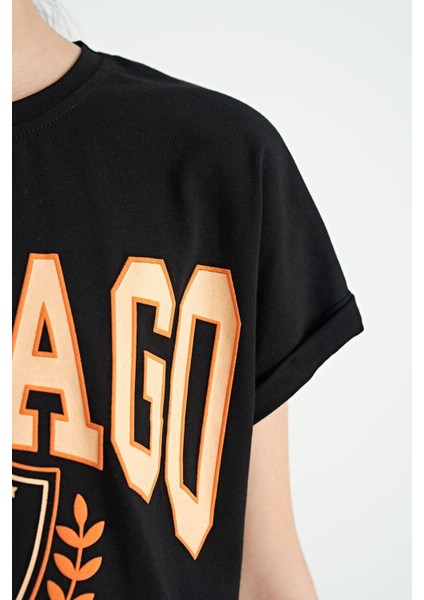 Siyah O Yaka Düşük Omuzlu Rahat Form Kısa Kollu Kız Çocuk T-Shirt - 75128