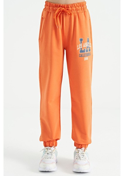 Oranj Yazı Nakışlı Standart Kalıp Jogger Kız Çocuk Eşofman Alt - 75120