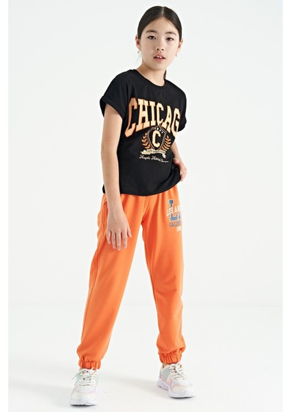 Oranj Yazı Nakışlı Standart Kalıp Jogger Kız Çocuk Eşofman Alt - 75120