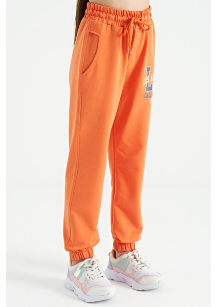 Oranj Yazı Nakışlı Standart Kalıp Jogger Kız Çocuk Eşofman Alt - 75120