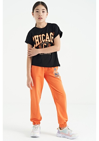 Oranj Yazı Nakışlı Standart Kalıp Jogger Kız Çocuk Eşofman Alt - 75120