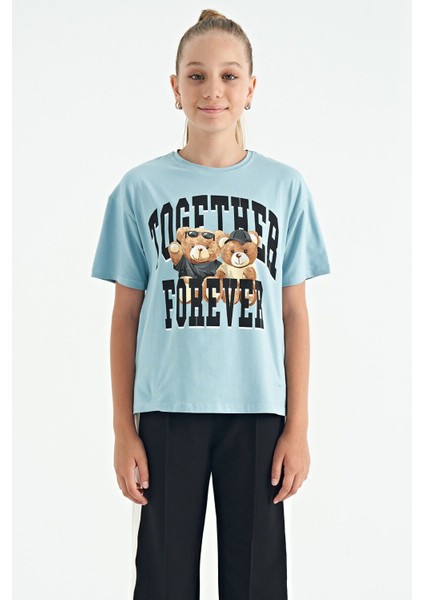 Açık Mavi Ayıcık Baskılı O Yaka Oversize Kısa Kol Kız Çocuk T-Shirt - 75116
