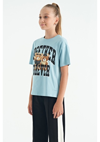 Açık Mavi Ayıcık Baskılı O Yaka Oversize Kısa Kol Kız Çocuk T-Shirt - 75116