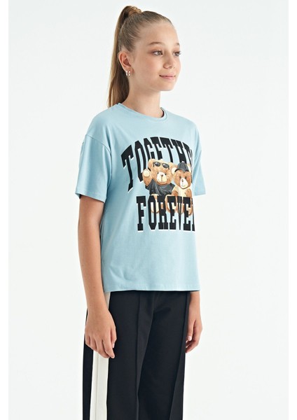 Açık Mavi Ayıcık Baskılı O Yaka Oversize Kısa Kol Kız Çocuk T-Shirt - 75116