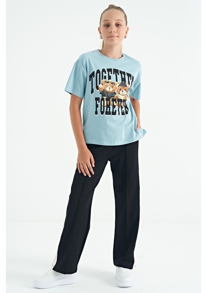 Açık Mavi Ayıcık Baskılı O Yaka Oversize Kısa Kol Kız Çocuk T-Shirt - 75116