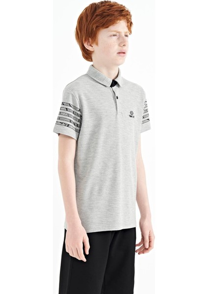 Gri Melanj Kol Baskı Detaylı Standart Kalıp Polo Yaka Erkek Çocuk T-Shirt - 11093