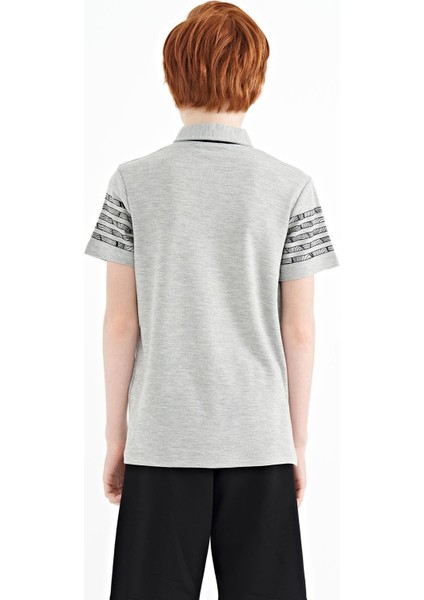 Gri Melanj Kol Baskı Detaylı Standart Kalıp Polo Yaka Erkek Çocuk T-Shirt - 11093