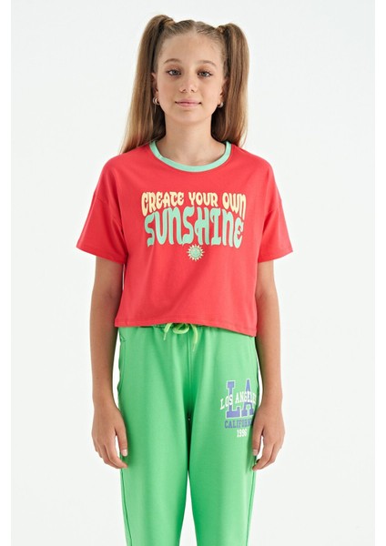 Rose Renkli Yazı Baskılı O Yaka Oversize Kısa Kollu Kız Çocuk T-Shirt - 75111
