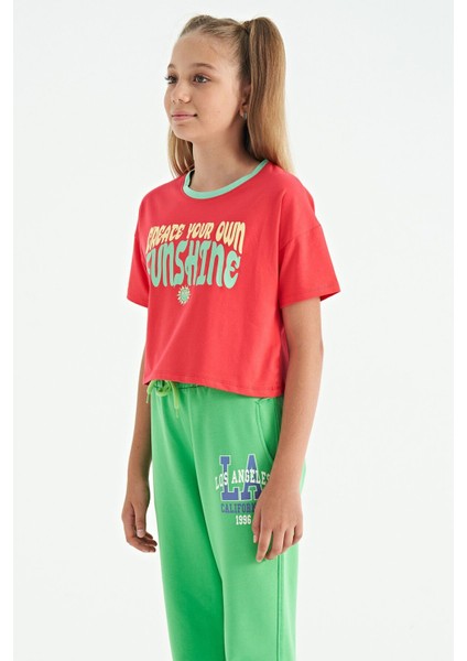 Rose Renkli Yazı Baskılı O Yaka Oversize Kısa Kollu Kız Çocuk T-Shirt - 75111