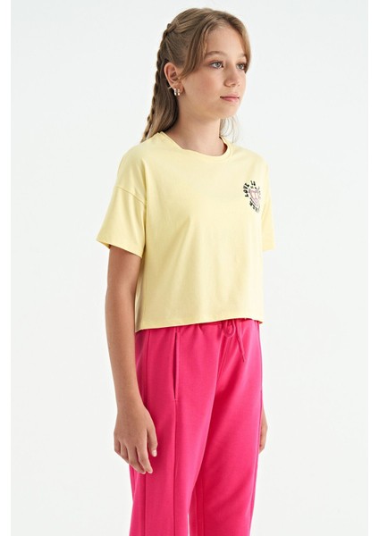 Sarı Ön Arka Baskılı O Yaka Düşük Omuz Oversize Kısa Kollu Kız Çocuk T-Shirt - 75126