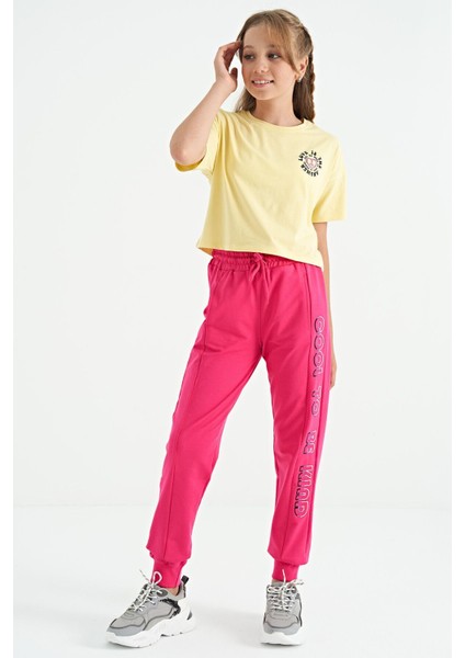 Sarı Ön Arka Baskılı O Yaka Düşük Omuz Oversize Kısa Kollu Kız Çocuk T-Shirt - 75126