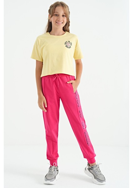 Sarı Ön Arka Baskılı O Yaka Düşük Omuz Oversize Kısa Kollu Kız Çocuk T-Shirt - 75126