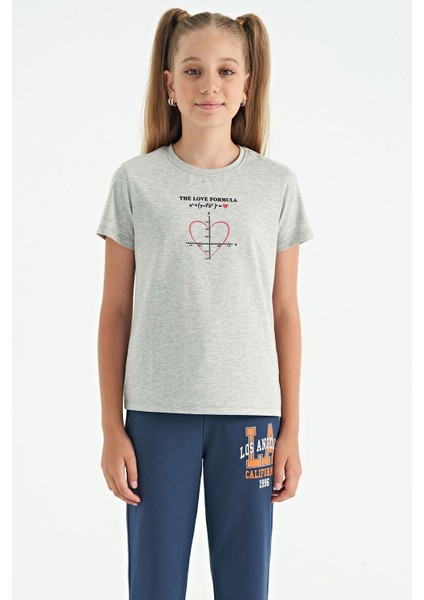 Gri Melanj O Yaka Baskı Detaylı Rahat Kalıp Kız Çocuk T-Shirt - 75129