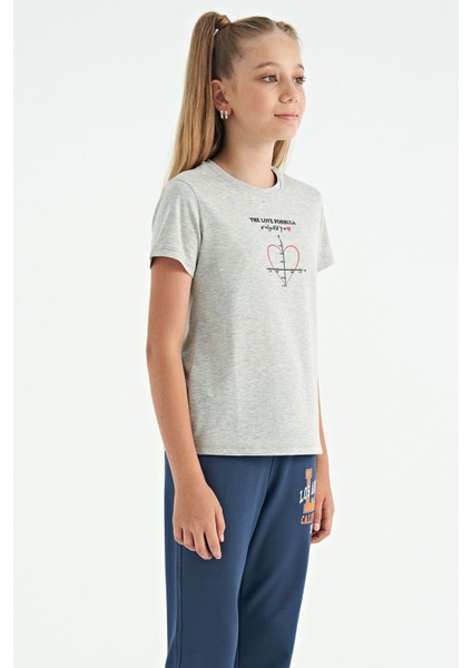 Gri Melanj O Yaka Baskı Detaylı Rahat Kalıp Kız Çocuk T-Shirt - 75129
