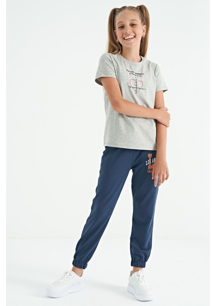Gri Melanj O Yaka Baskı Detaylı Rahat Kalıp Kız Çocuk T-Shirt - 75129