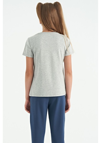 Gri Melanj O Yaka Baskı Detaylı Rahat Kalıp Kız Çocuk T-Shirt - 75129