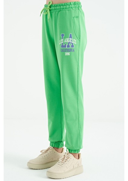 Neon Yeşil Yazı Nakışlı Standart Kalıp Jogger Kız Çocuk Eşofman Alt - 75120
