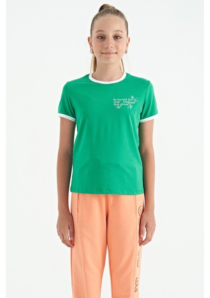 Yeşil Minimal Yazı Baskılı O Yaka Rahat Form Kısa Kollu Kız Çocuk T-Shirt - 75110