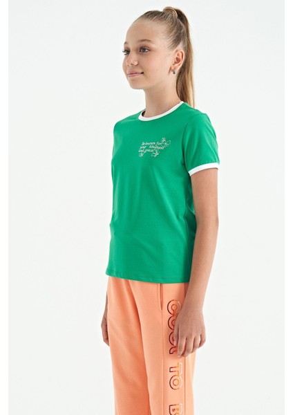 Yeşil Minimal Yazı Baskılı O Yaka Rahat Form Kısa Kollu Kız Çocuk T-Shirt - 75110